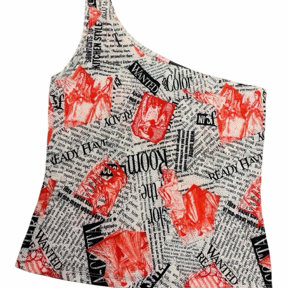 Vix Black & White Newspaper Print Top with Red Accents